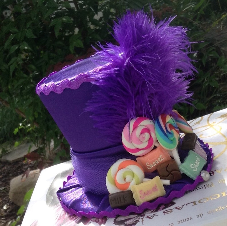 Willy Wonka Inspired Top Hat Fascinator with fake candy - 3.5 Tall Birthday Decorations - Mad Hatter Tea Party Hat in Purple Satin