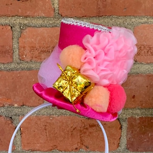 READY to SHIP! Mini Top Hat Headband, Pink Satin Headpiece, Alice in Wonderland Fascinator, Mad Hatter Tea Party Hat, Birthday (3.5&quot; Tall)