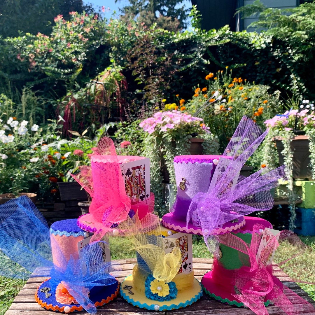 Mad Hatter Tea Party Decorations set of 5 Alice in Wonderland Centerpiece,  Felt Top Hat Headbands 4.5 Tall Onederland, Bridal Shower 