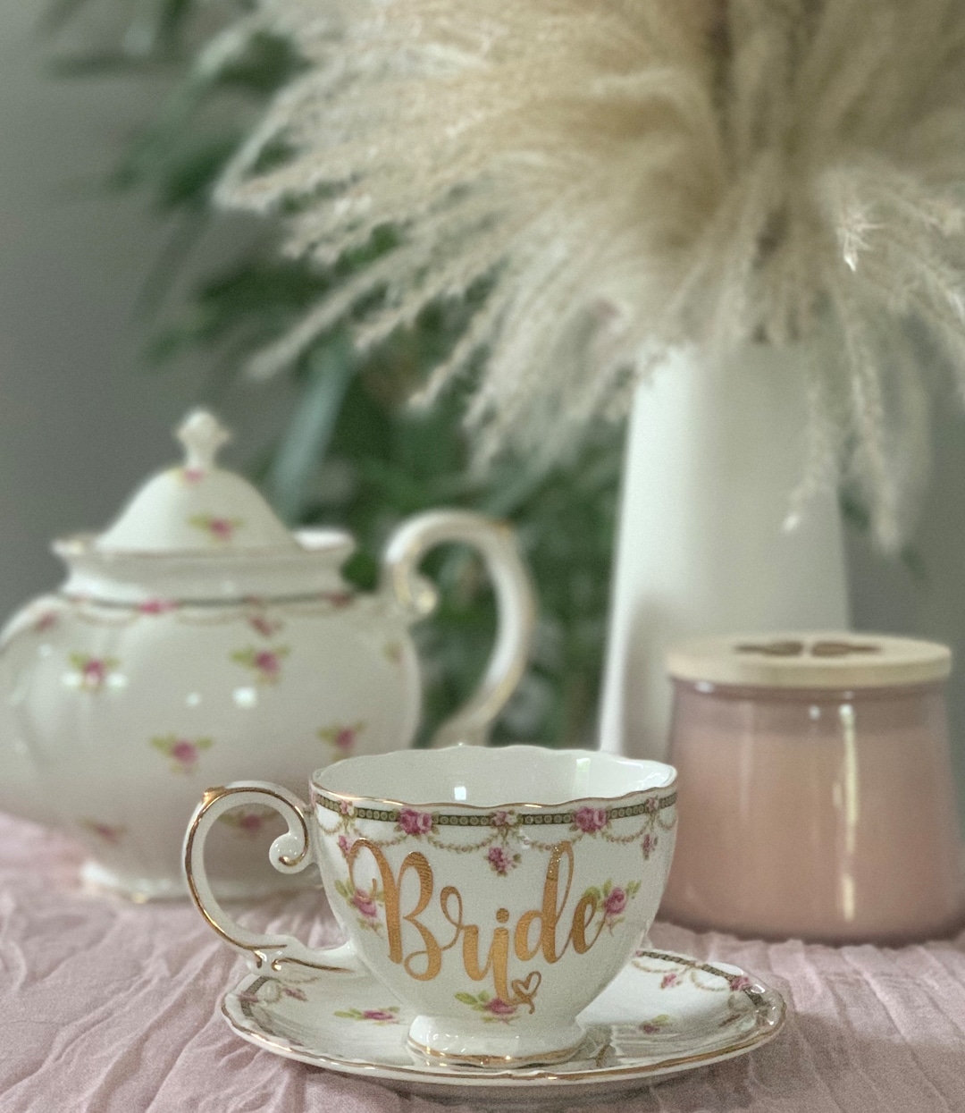 Rose Pink Floral Tea Cup & Saucer Set W/ Gold Trim BRIDE HEART Ready to