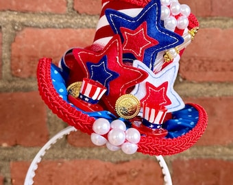 Mini Top Hat Fascinator for Independence Day | 250th Birthday | 4th of July | Red, White & Blue Headband | Patriotic Headpiece | (4" Tall)