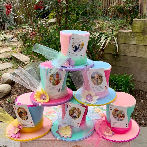 Alice in Wonderland Centerpiece, Mad Hatter Tea Party Decorations set of 6  W/ Playing Cards, Felt Top Hats 4.5 Tall, Onederland, Shower 