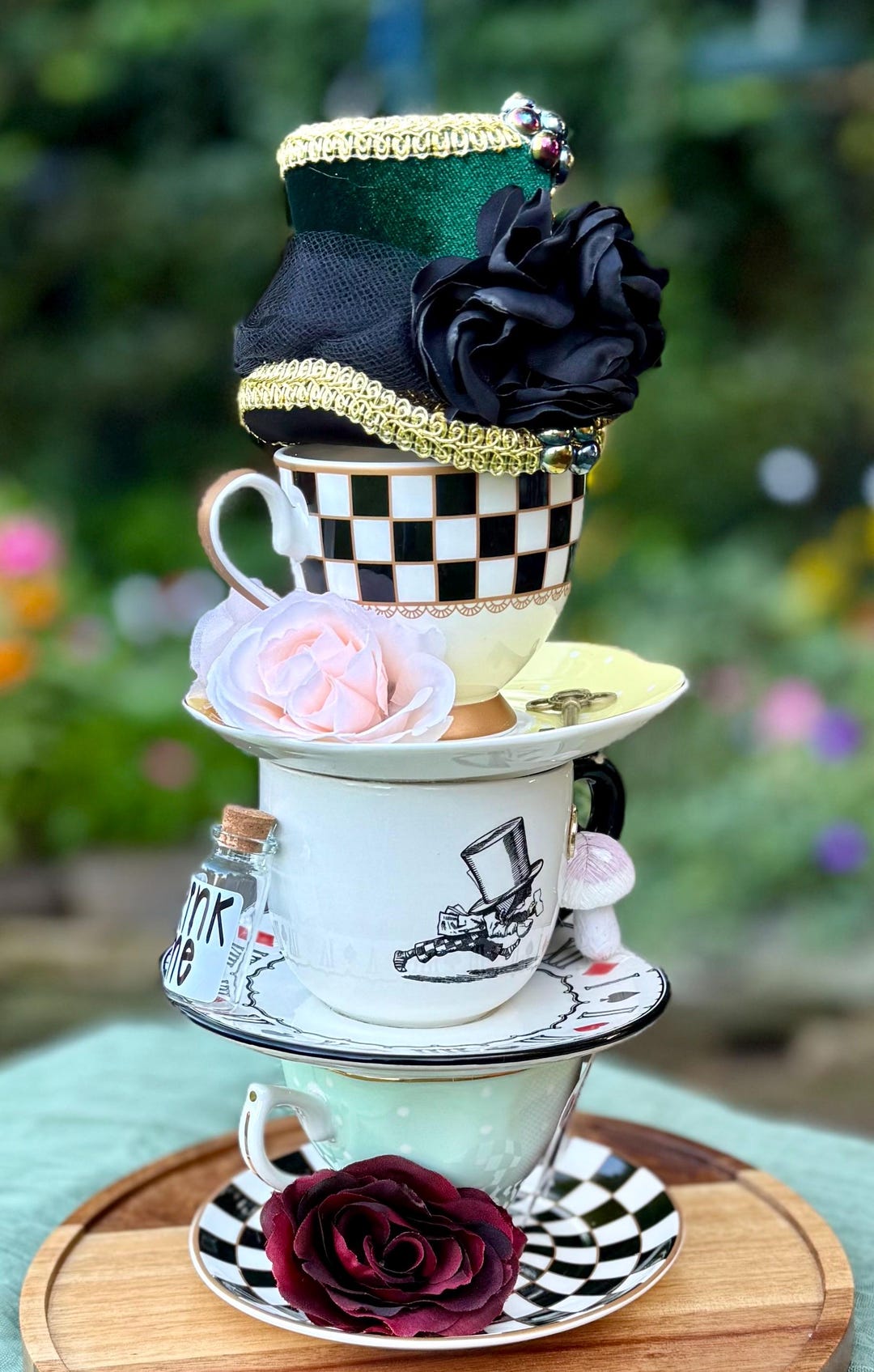 Whimsical Mad Hatter Stacked Teacup Centerpiece With Top Hat | Alice in