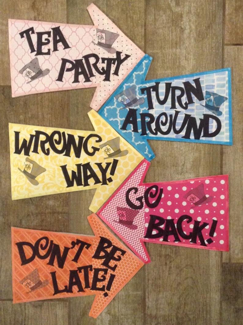 Mad Hatter Tea Party Decorations 5 Alice in Wonderland Arrow Signs on Foam Board Don't Be Late, Go Back, Wrong Way, Turn Around 12 image 4