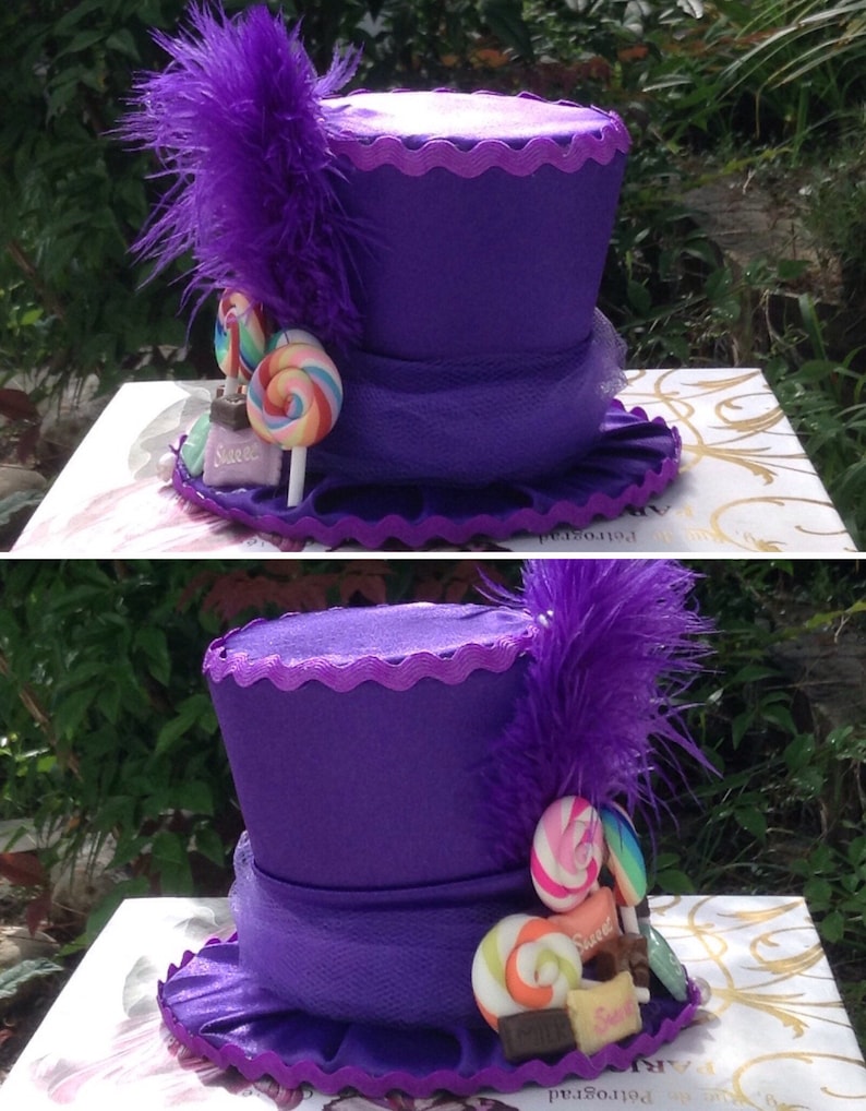 Willy Wonka Inspired Top Hat Fascinator with fake candy - 3.5 Tall Birthday Decorations - Mad Hatter Tea Party Hat in Purple Satin