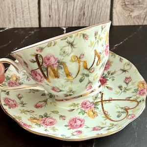 Light Green Rose Floral Tea Cup & Saucer Set for the Bride | MRS + HEART Teacup | Gold Trim | Bridal Shower or Engagement or Wedding Gift