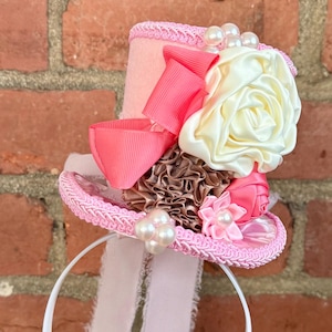 Pretty in Pink | Felt & Satin Mini Top Hat Fascinator | Mad Hatter Tea Party Birthday Hat | Alice in Wonderland Top Hat Headband | (4&quot; Tall)
