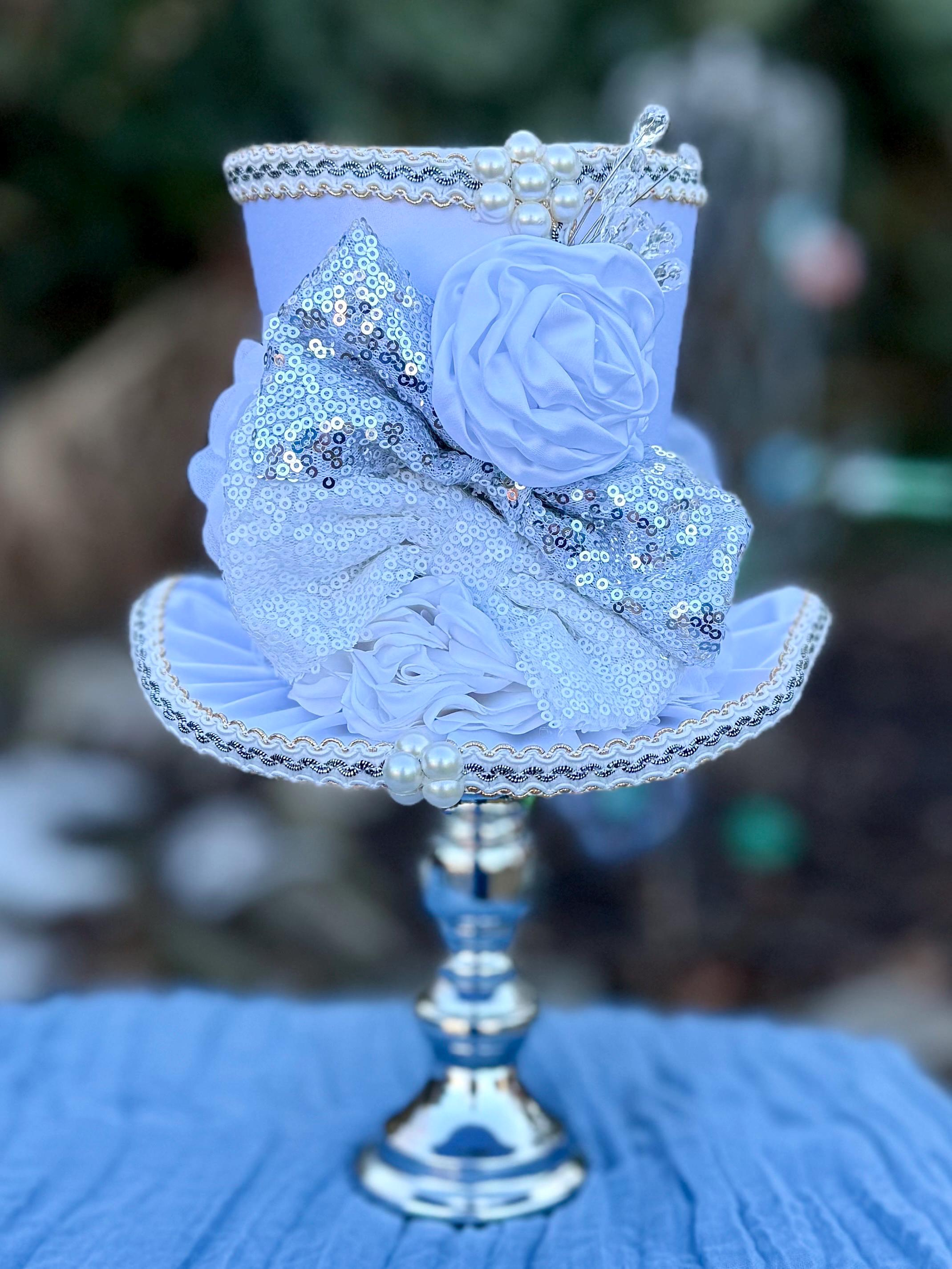 White & Silver Bride Top Hat Centerpiece + Silver Pillar Candlestick (6-12" Tall) Bridal Shower, Wedding, Engagement, Mad Hatter Tea Party