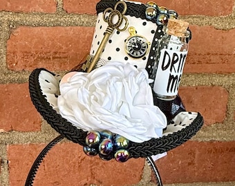 Black & White Dotted Mini Top Hat Fascinator | Mad Hatter Tea Party | Alice in Wonderland Headband Headpiece | Derby Hat | (4" Tall)