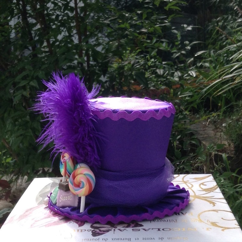 Willy Wonka Inspired Top Hat Fascinator with fake candy - 3.5 Tall Birthday Decorations - Mad Hatter Tea Party Hat in Purple Satin