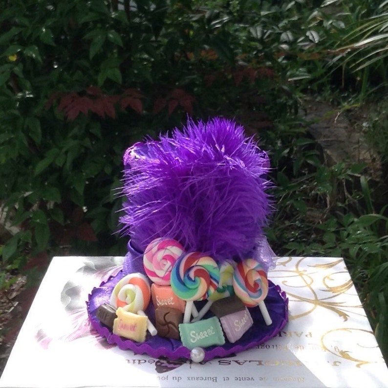 Willy Wonka Inspired Top Hat Fascinator with fake candy - 3.5 Tall Birthday Decorations - Mad Hatter Tea Party Hat in Purple Satin