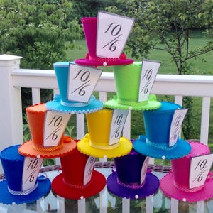 10 Alice in Wonderland Centerpieces, Mad Hatter Tea Party Decorations Felt  Top Hats 4.5 Tall Onederland Birthday Baby Bridal Shower 