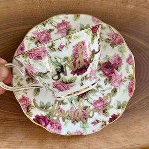 Rose Pink Tea Cup & Saucer Set |Wedding or Engagement Gift for Bride |  Floral Print Teacup | Mad Hatter&#39;s Tea Party | Bridal Shower Gift