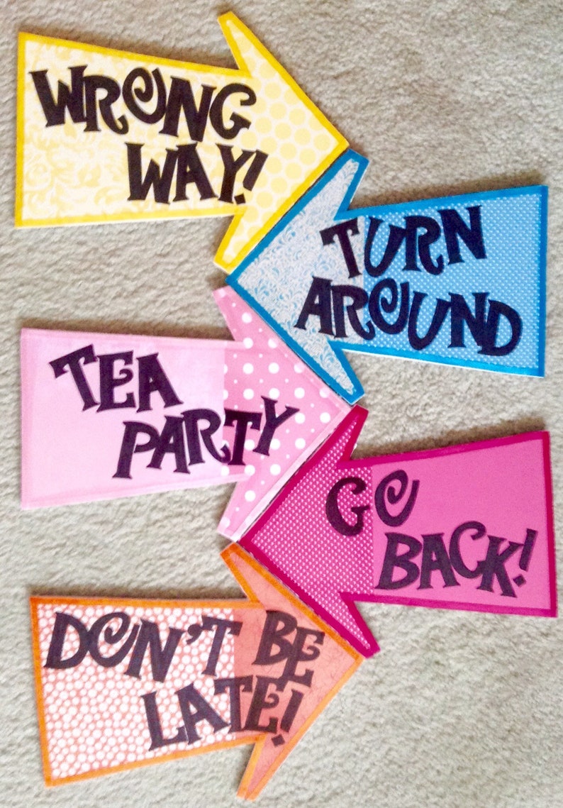 Mad Hatter Tea Party Decorations 5 Alice in Wonderland Arrow Signs on Foam Board Don't Be Late, Go Back, Wrong Way, Turn Around 12 image 7