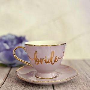 Lavender Bride Tea Cup & Saucer Set with Gold Trim | BRIDE + HEART  | Pastel/Lite Purple | Bridal Shower or Engagement Gift | Wedding Teacup