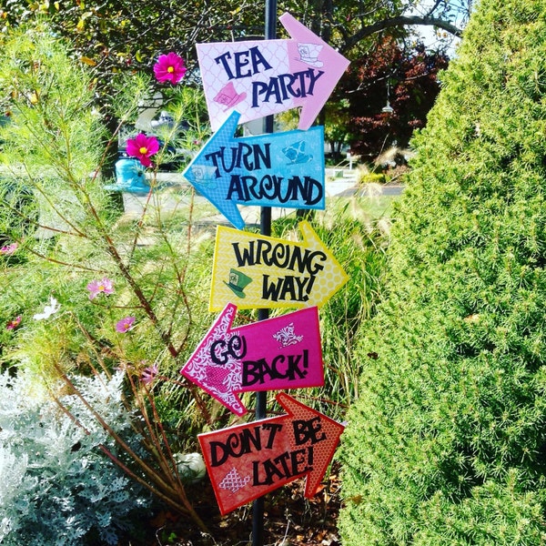 Mad Hatter Tea Party Decorations (5) - Alice in Wonderland Arrow Signs on Foam Board - Don't Be Late, Go Back, Wrong Way, Turn Around (12")