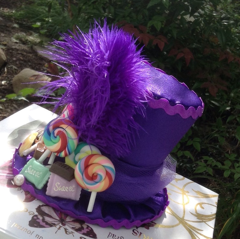 Willy Wonka Inspired Top Hat Fascinator with fake candy - 3.5 Tall Birthday Decorations - Mad Hatter Tea Party Hat in Purple Satin