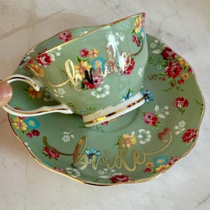 Sage Green Tea Cup & Saucer Set |Wedding or Engagement Gift for Bride |  Floral Print Teacup | Mad Hatter&#39;s Tea Party | Bridal Shower Gift