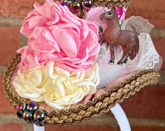 Pink & Brown Derby Horse Mini Top Hat Fascinator | Whimsical Mad Hatter Tea Party Hat | Headband Headpiece | High Tea | (4" Tall)
