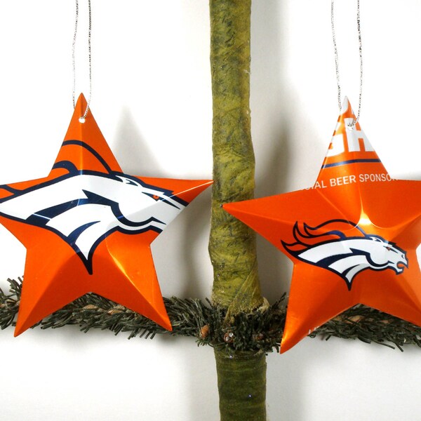 Denver Broncos Football Beer Can Aluminum Stars - Set of 2 Bud Light Christmas Ornaments For Dad's Man Cave Or Sports Bar