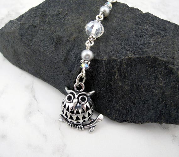 Owl Fan Pull Chain 3 D Owl Charm Gray Glass Pearl Cyrstal Etsy