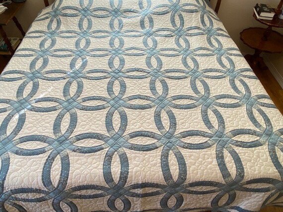 Quilt Double Wedding Ring Handquilted Handmade Quilt Blue Blanket Throw Etsy