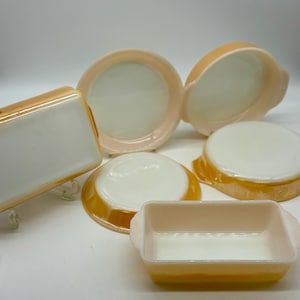Vintage Anchor Hocking Fire King Iridescent Peach Lustre Six Pie Plates and Casserole Dishes Baking Dishes