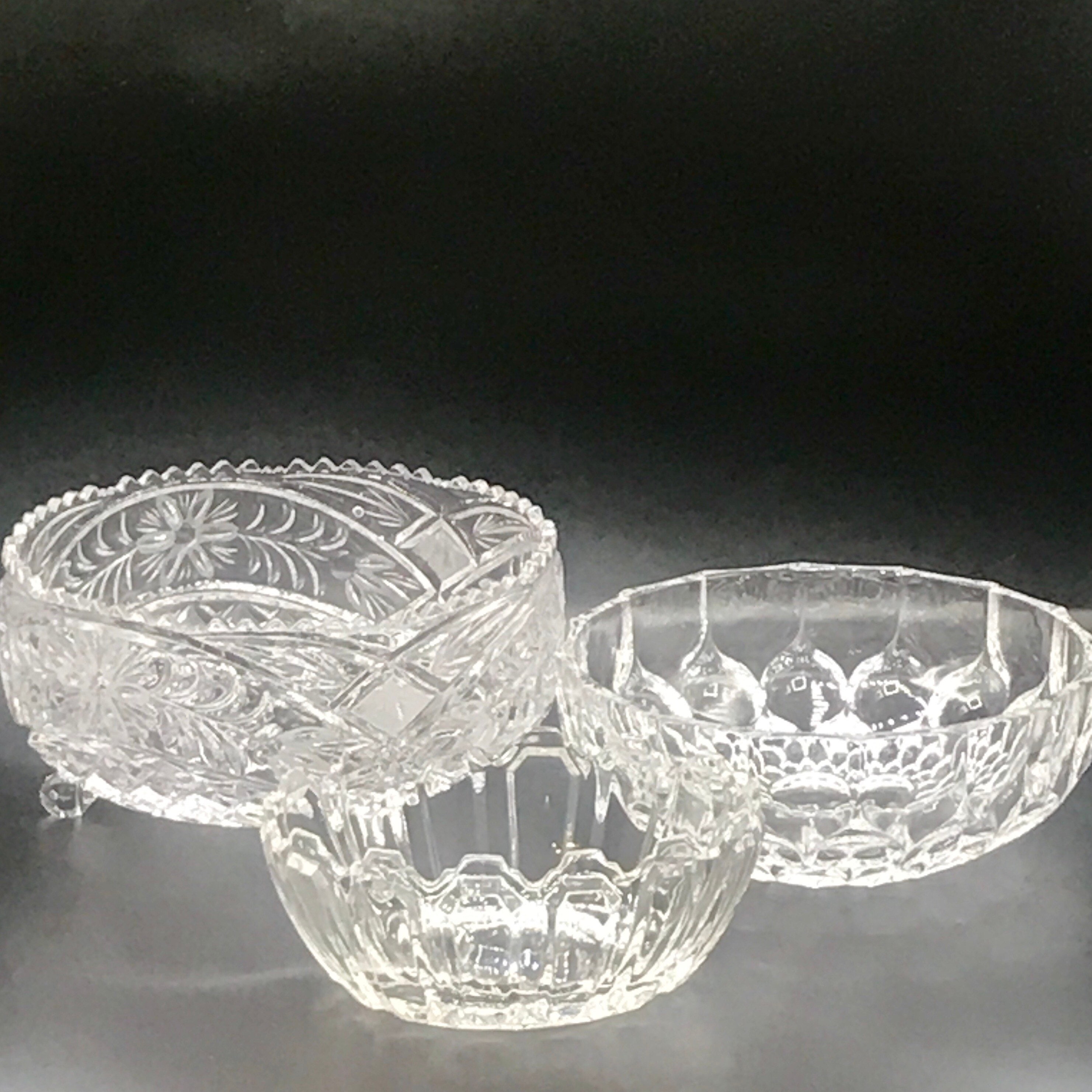 Vintage Crystal Bowl with Etched Floral and Leaf Design with Etsy