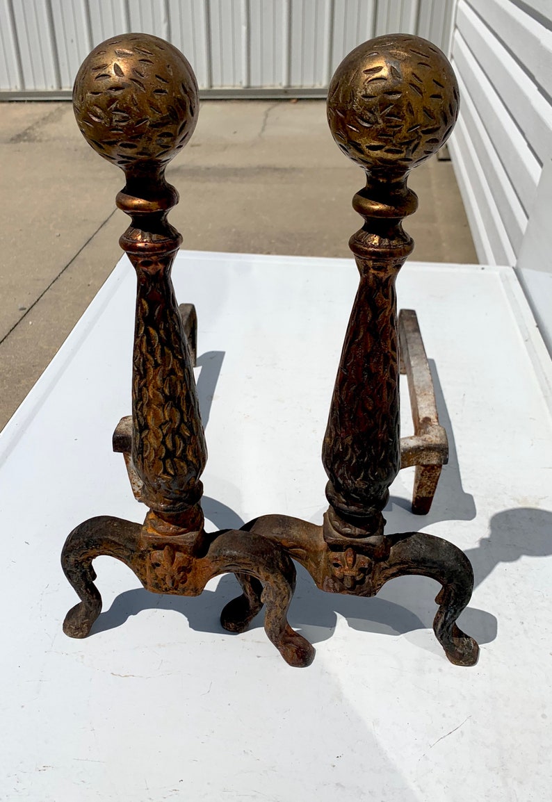 Andiron Antique Fireplace Decor Brass Ball Andirons Antique Etsy