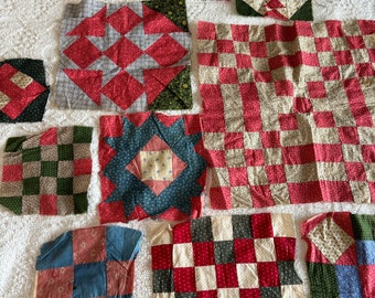Antique Twelve Quilt Blocks Turkey Red Hand Sewn