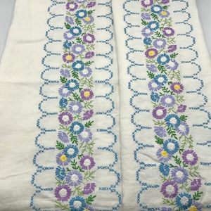 Linen Tablecloth, Vintage Tablecloth, Hand Embroidered Table Cover, Hand Stitched Blue Floral Table Cloth, Rectangular Tablecloth,