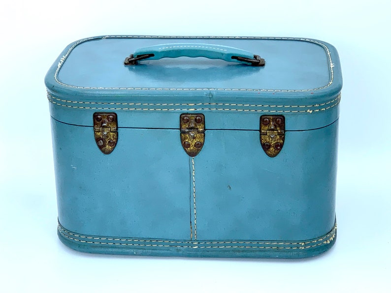 Train Case Blue Leather Suitcase Travel Joy Luggage Vintage Etsy