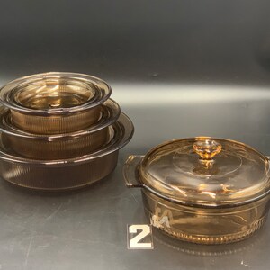 Pyrex Vision and Anchor Hocking Casserole Vision Corning Amber/Brown Round Casserole with ribbing, comes with Pyrex lids