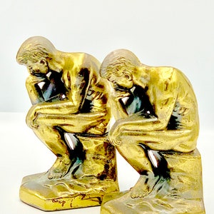 Vintage Bookends Rodin The Thinker Bronze Color Statue&#39;s Antique 1928 brass color bookends