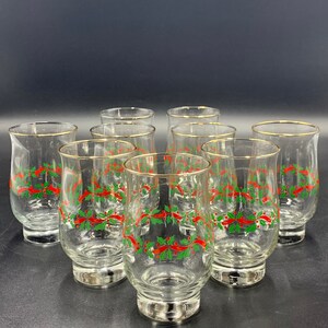 Vintage Drinking Glasses with Holiday Holly and Berry and Gold Rim Accent Crystal Drinking Glasses