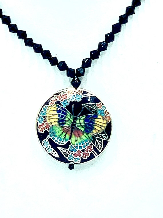 Necklace Butterfly Cloisonne Pendant With Black Be