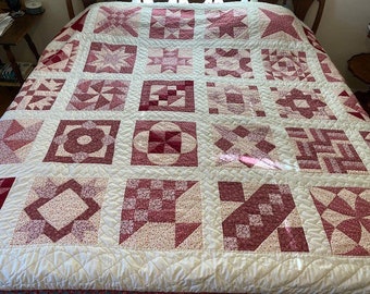 Hand Quilted, Sampler Quilt, Marsala Mauve and Magenta Floral Print, Gifts for Her, Vintage Blanket Throw  She Shed, Shower Gift,