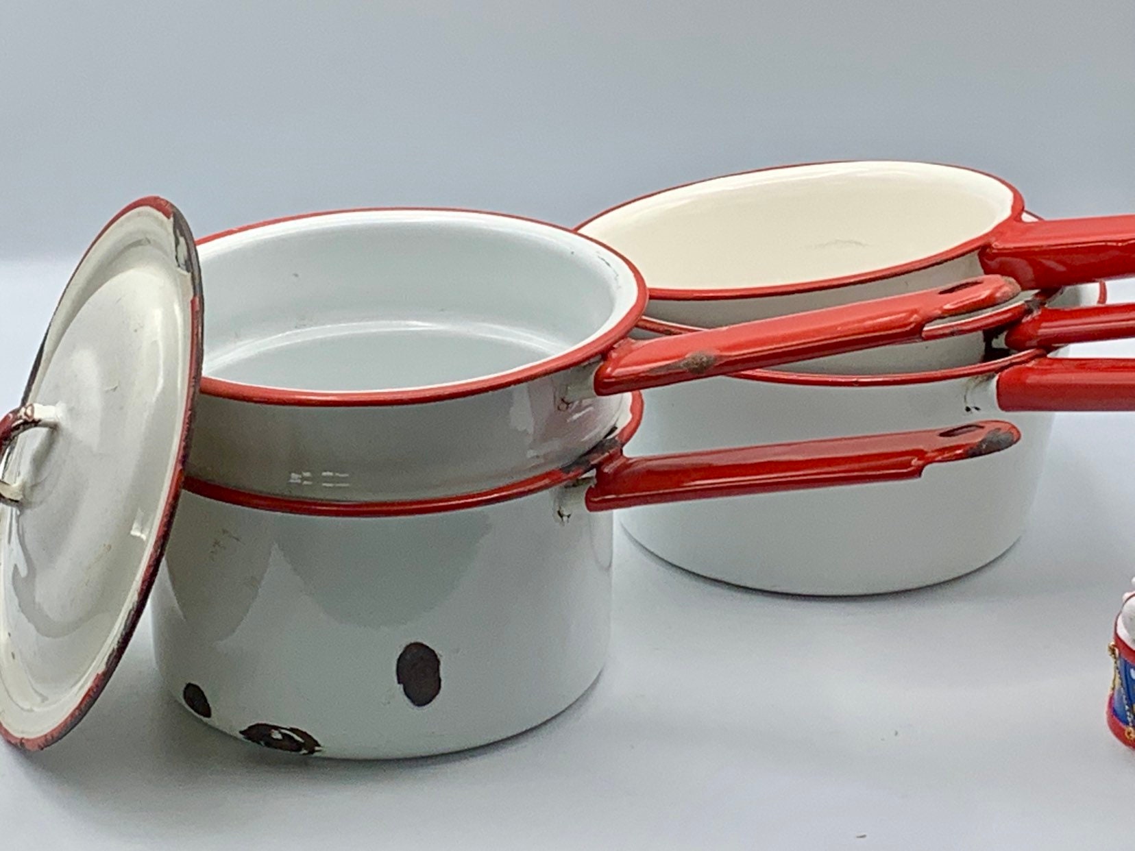 Cookware Kitchen & Dining Vintage Red & White Enamelware Double Boiler
