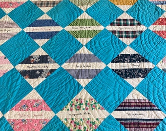 Vintage Quilt Hand Quilted with Signature Quilt Blocks set in a Diamond Pattern with Aqua Blue Fabric Blanket Throw