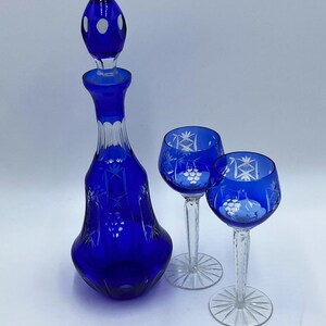 Blue Crystal Cut Glass Wine Decanter and Glasses