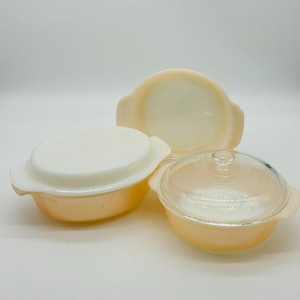Vintage Anchor Hocking Fire King Iridescent Peach Lustre Six Pie Plates and Casserole Dishes Baking Dishes