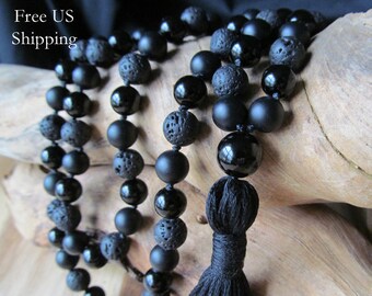 Black Onyx and Lava Mala Beads, 108 Bead Mala, Tassel Necklace, Yoga Jewelry, Prayer Beads, Japa Mala, Meditation Beads, Black Mala Beads