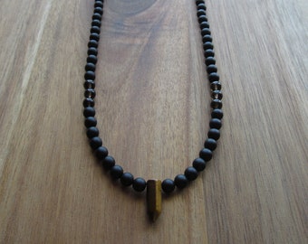 Men's Matte Black Onyx Necklace: Tiger Eye Point Pendant