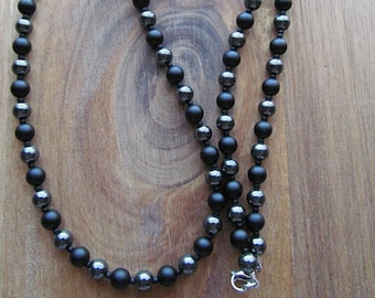 Men's Matte Onyx & Hematite Beaded Necklace: Stainless Steel Clasp