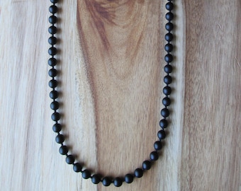 Mens Matte Black Onyx Necklace: Long Beaded Gemstone