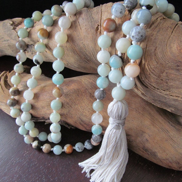 108 Mala Beads with Amazonite, Hand Knotted Long Tassel Necklace, Yoga Jewelry, Buddhist Prayer Beads