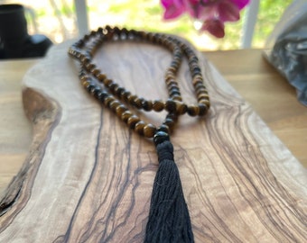 Tiger Eye Mala Beads, 108 Bead TigerEye Mala, Japa Mala, Long Tassel Necklace