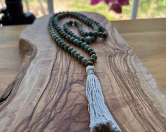 African Turquoise Mala Beads, 108 Bead African Turquoise Mala, Japa Mala, Long Tassel Necklace