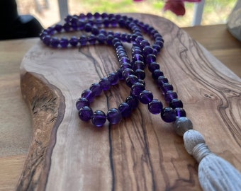 Amethyst Mala Beads with Labradorite Guru Bead, 108 Bead Amethyst Mala, Japa Mala, Long Tassel Necklace