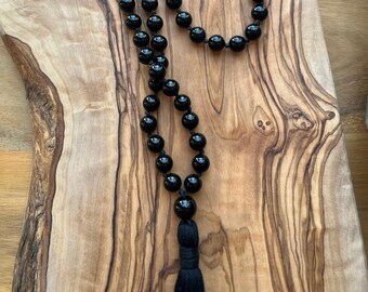 Black Onyx Mala Beads, 70 Bead Black Onyx Mala Necklace, Japa Mala, Long Tassel Necklace